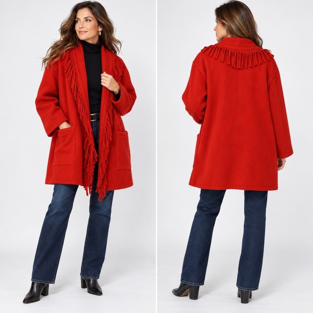 Vintage Robbie Sport Blanket Coat Western Fringe 90s USA Red Pockets Open Jacket